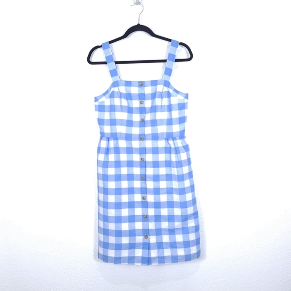 J.CREW Factory Gingham Button Front Linen Blend Mini Blue Dress - Picture 3 of 13
